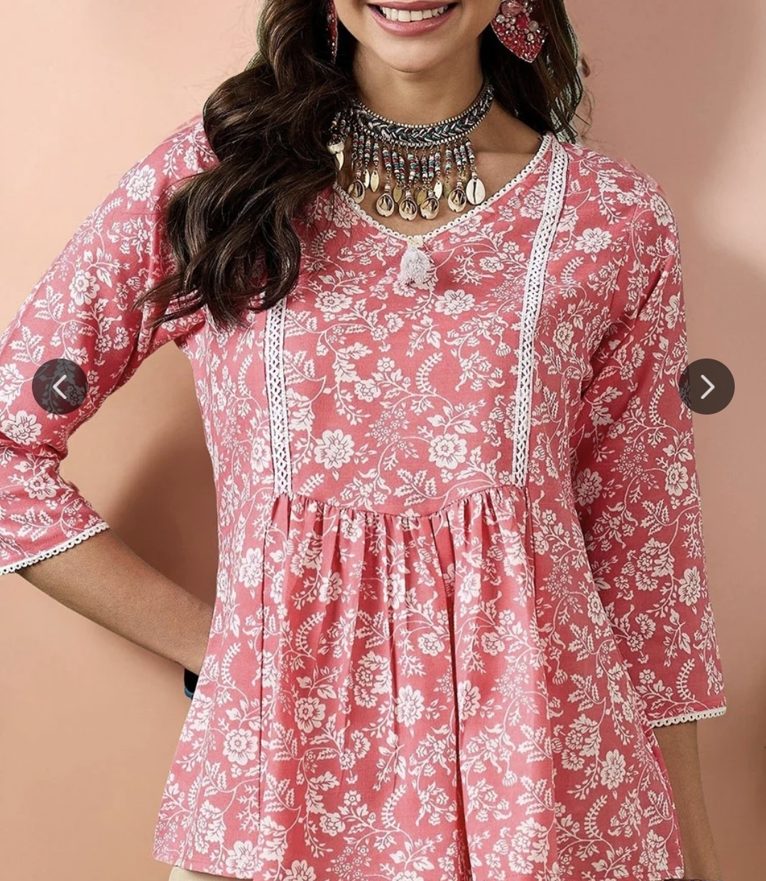 Floral pink short kurti for women