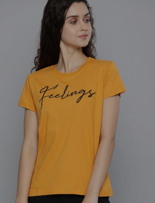 DILLINGER Women Mustard Yellow Printed Round Neck T-shirt for just Rs 323