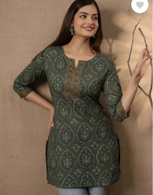 Green Regular Sleevw printed Women short kurti