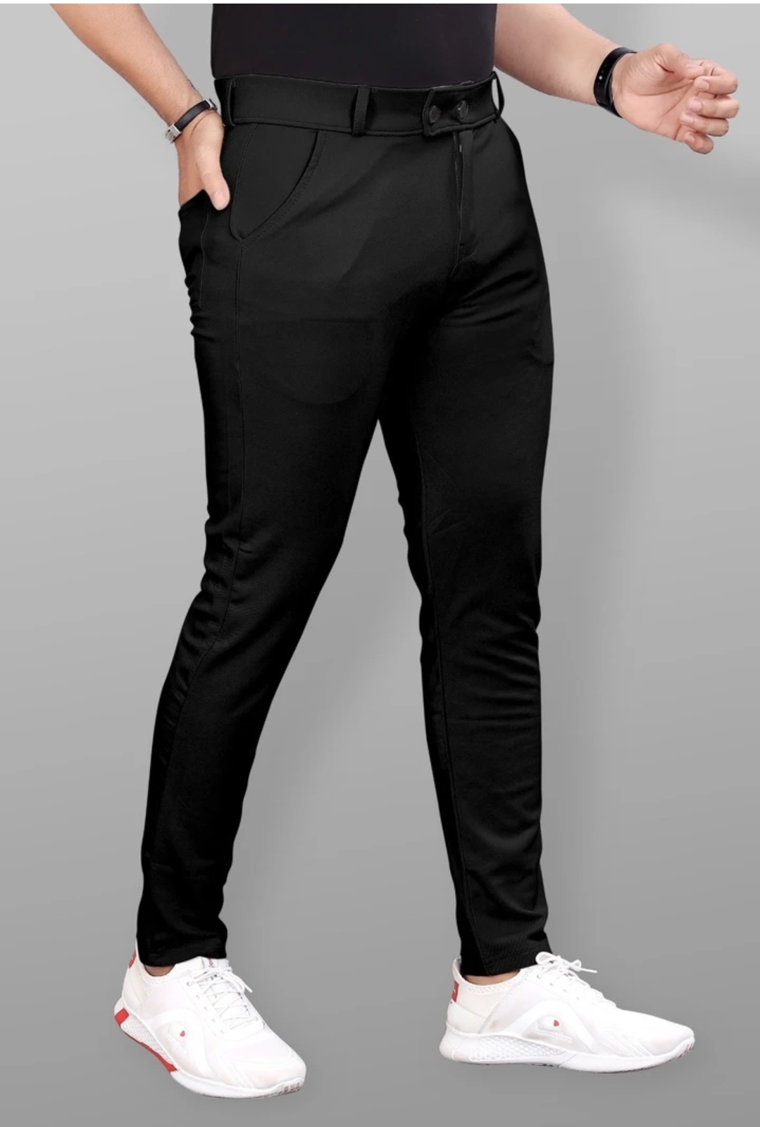 Men Slim Fit Black Lycra Blend Trousers
