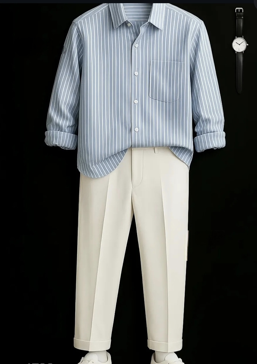 Sky blue  white lines shirt with white pant combo